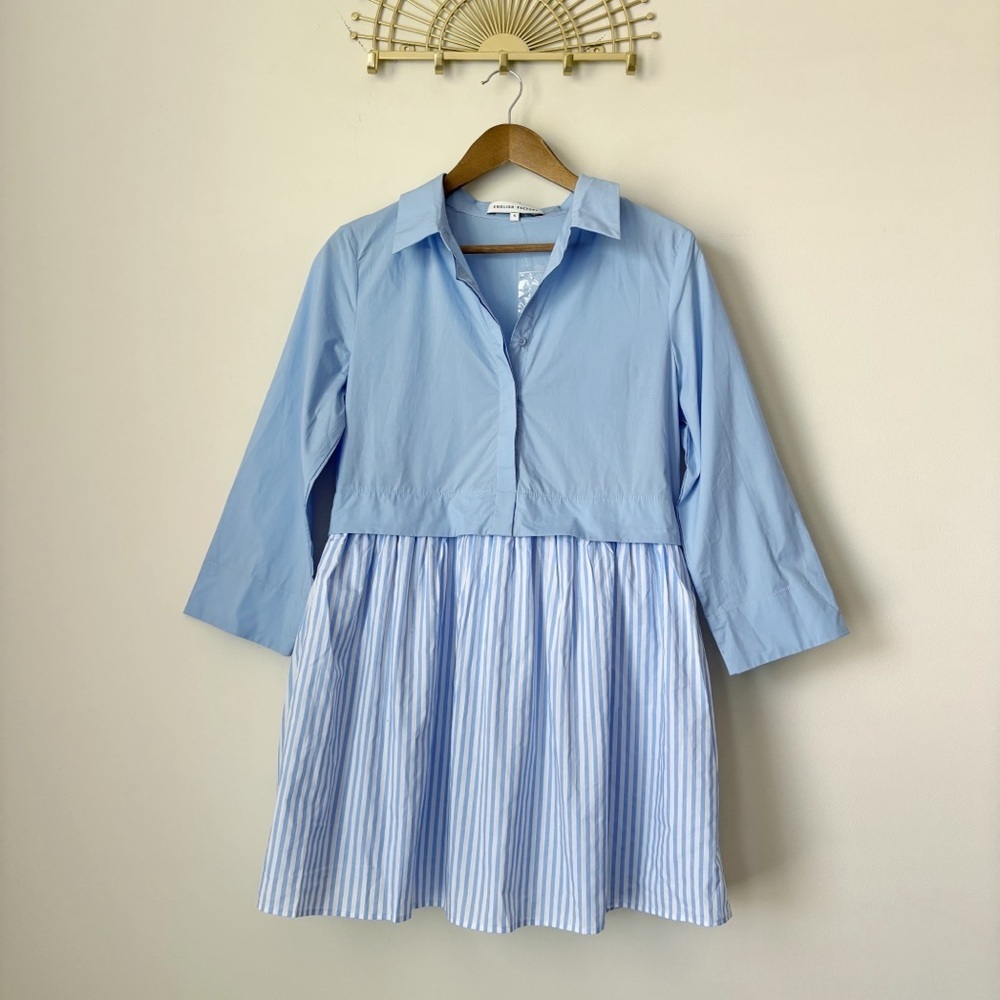 English Factory Contrast Powder Blue Striped Shirt Dress Small Coastal Summer